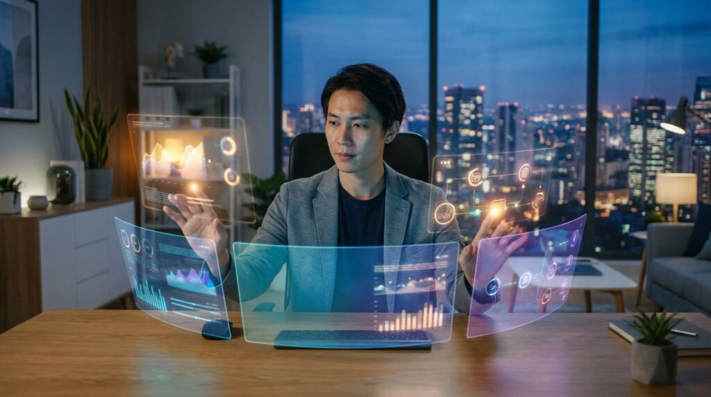 Meilleur outil ia pour freelance en 2026 2 Un freelance travaillant de nuit devant des écrans holographiques interactifs affichant des données et des graphiques.